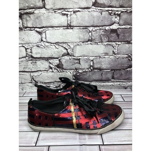 Coach Willa Sequin Black Red Plaid Casual Ribbon Lace Sneaker Shoes Women Sz 7.5 - Picture 1 of 16